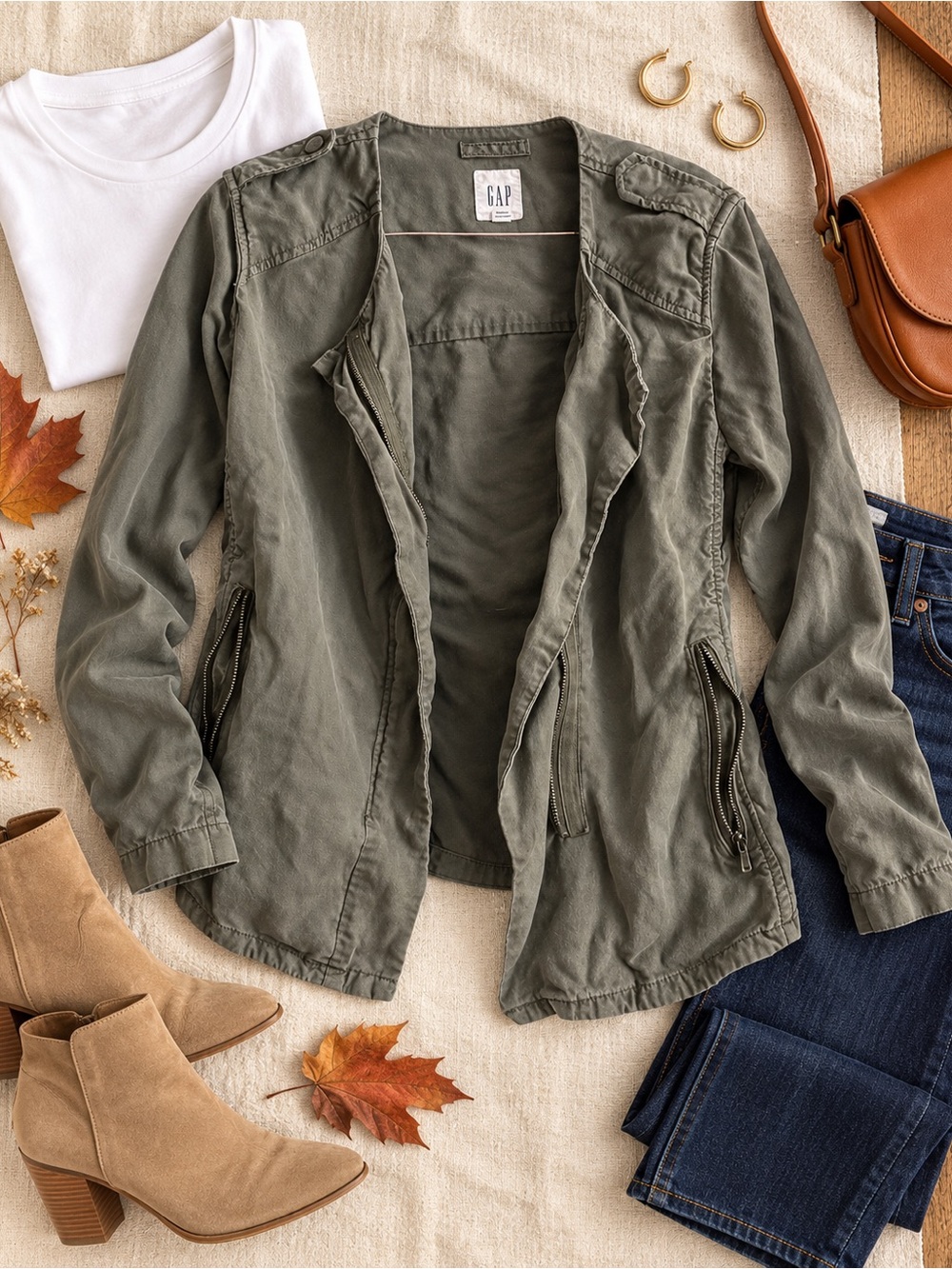 GAP Olive Green Lyocell Draped Moto Utility Jacket Small